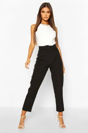 Belted Pleat Front Ankle Grazer Pants