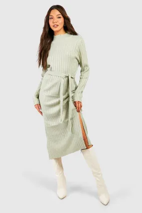 Belted Rib Knit Sweater Dress