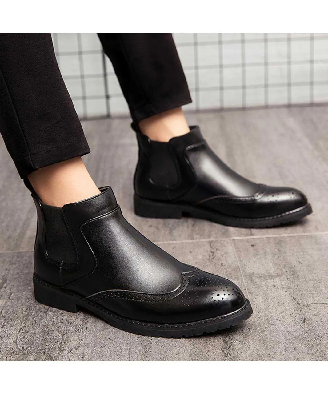 Black retro brogue slip on dress shoe boot 2039