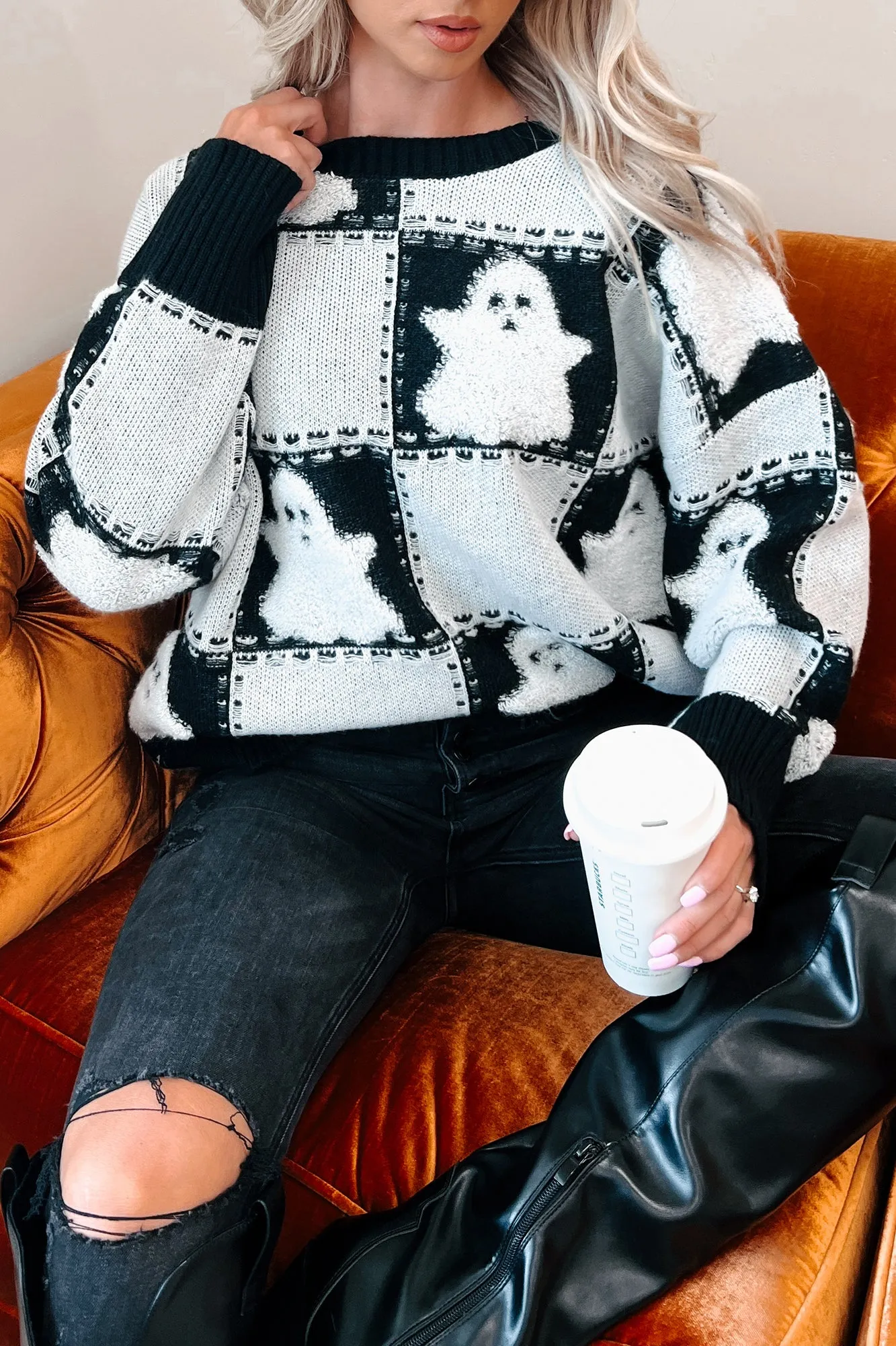 Eerie-sistable Checkered Ghost Sweater (Black/White)