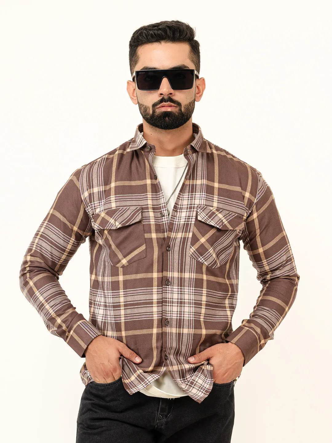 French Roast Checks 2 Pockets Full Sleeves Combed Cotton Shirt