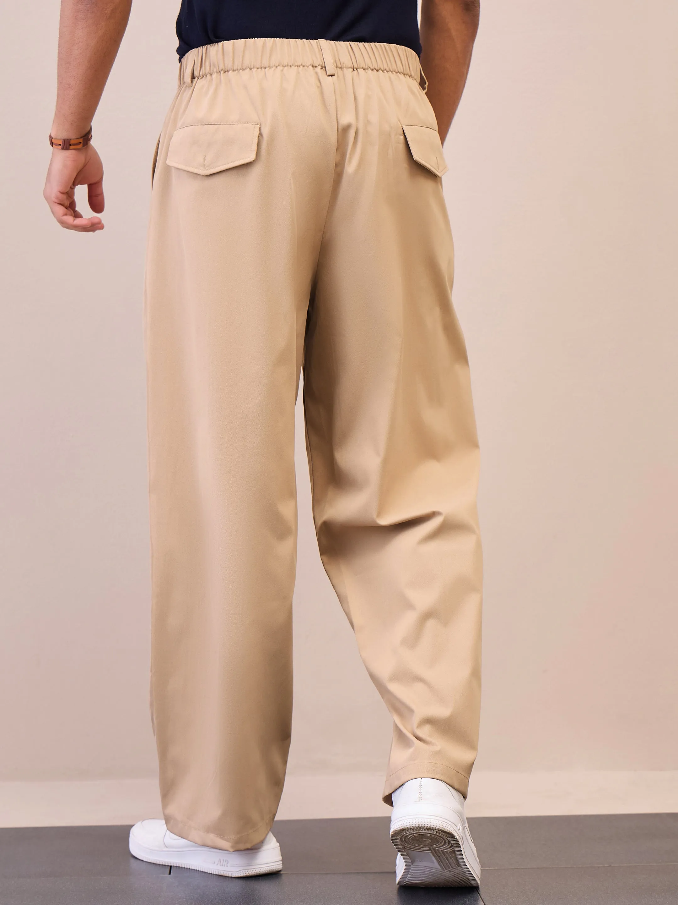 Men Beige Front Pleated Korean Pants