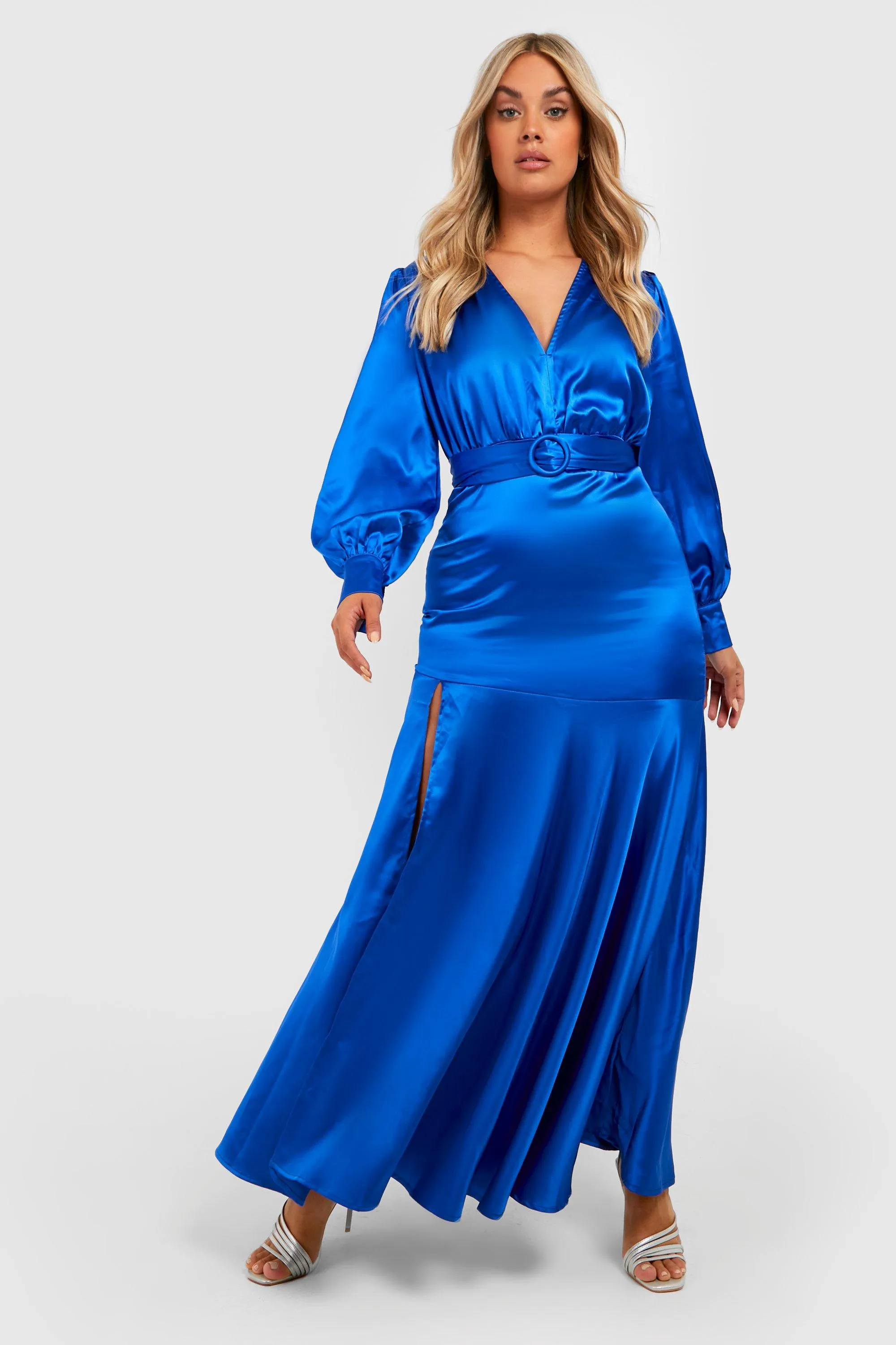 Plus Satin Belt Plunge Maxi Dress