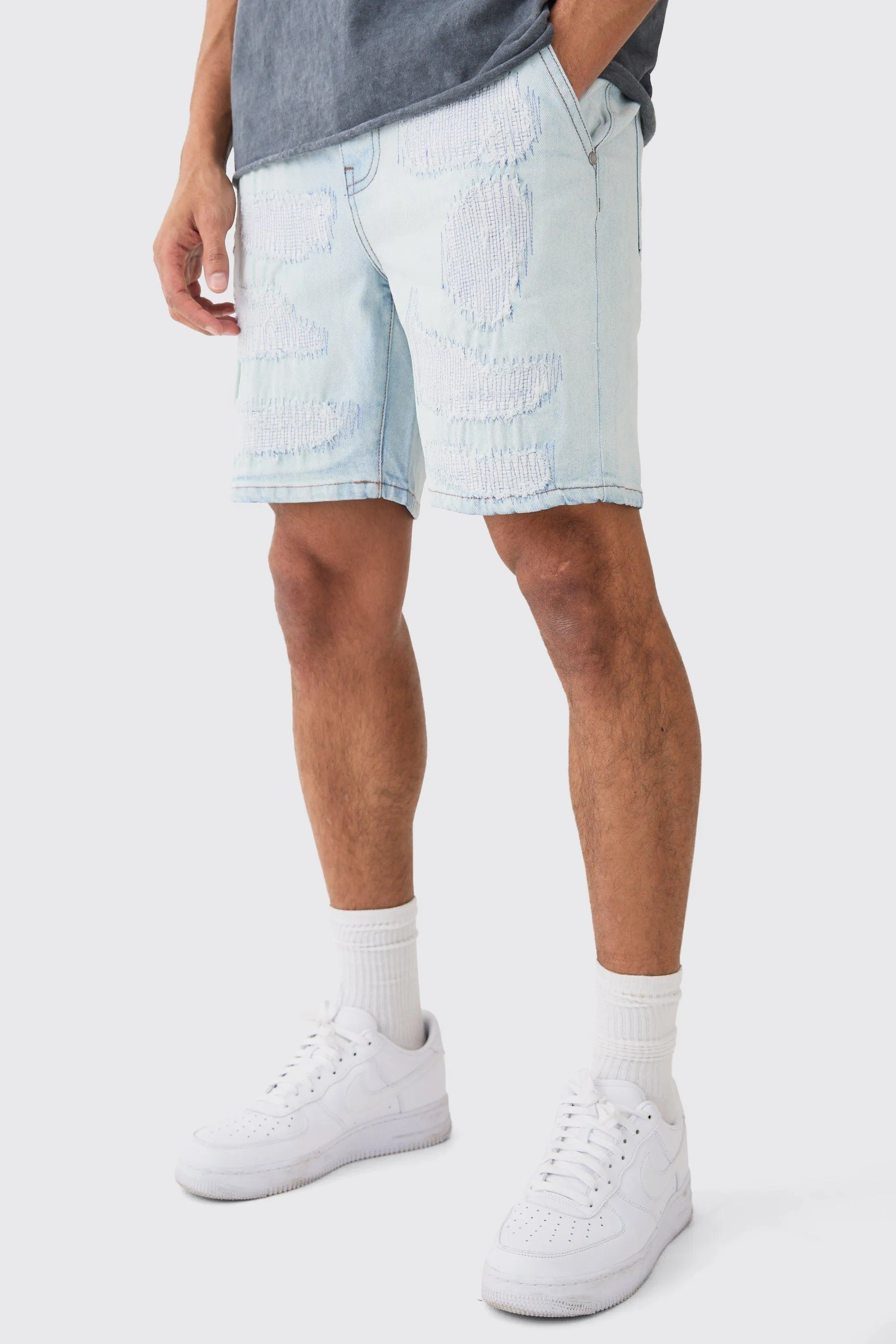 Slim Rigid Repaired Denim Short In Light Blue | boohooMAN UK