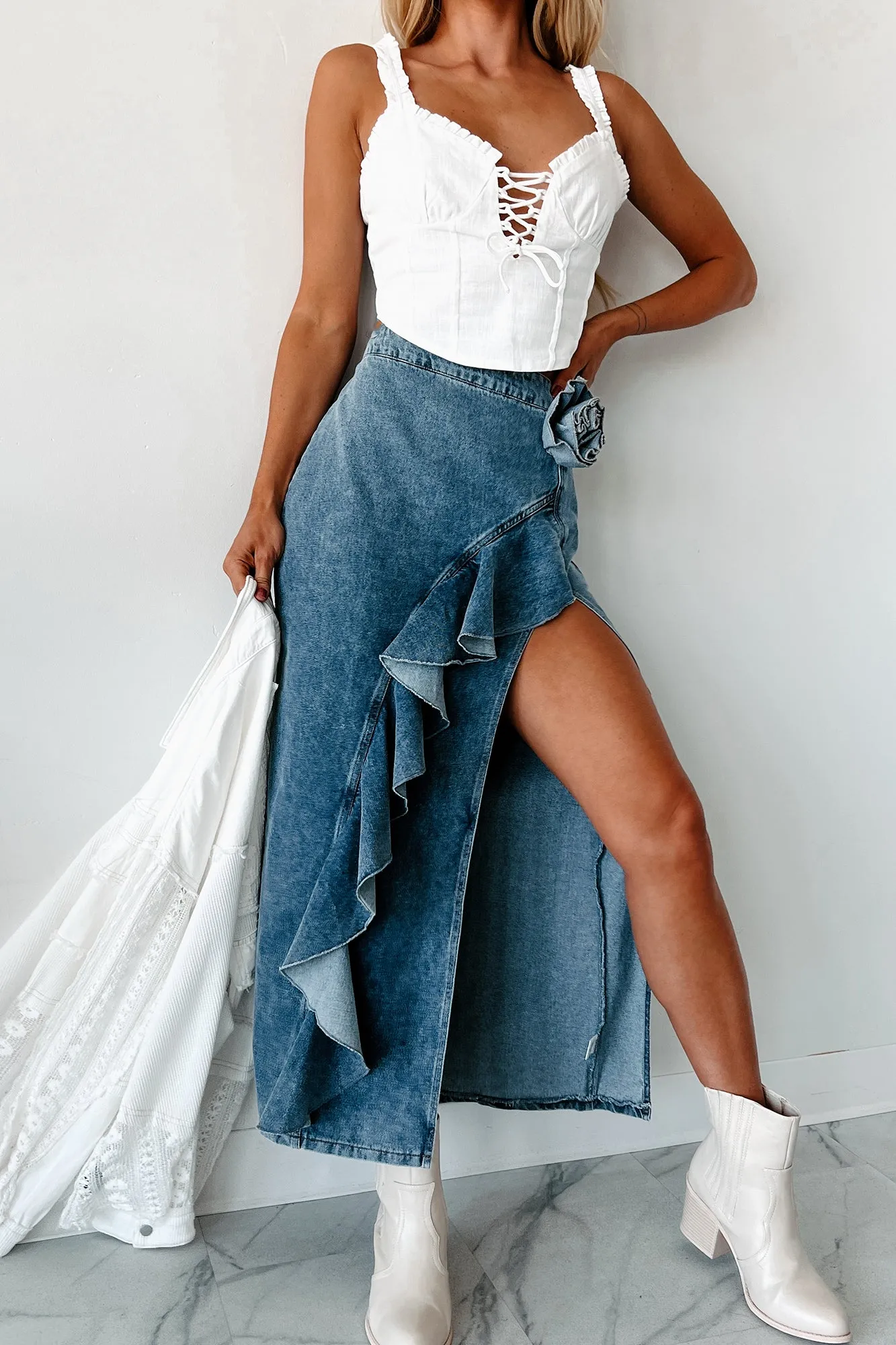 Vineyard Charm Denim Maxi Skirt With Flower Detail (Denim)