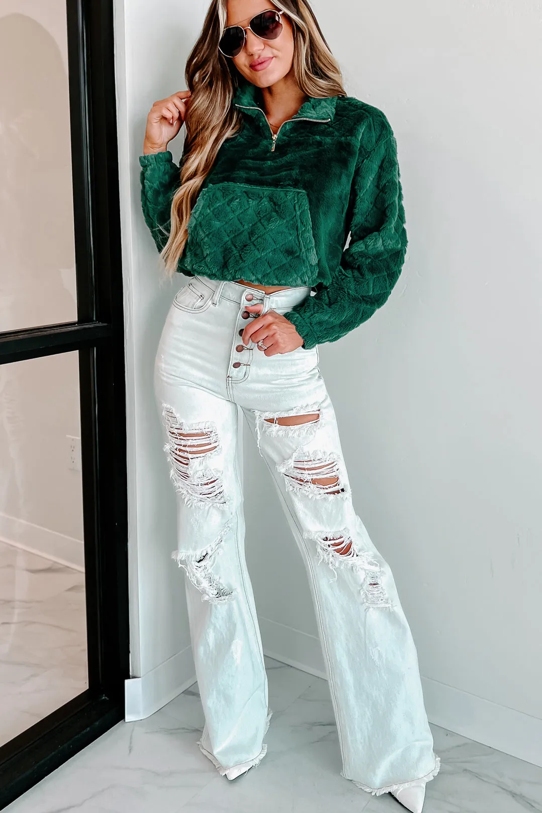 Waiting For Winter Faux Fur Quarter-Zip Pullover (Hunter Green)
