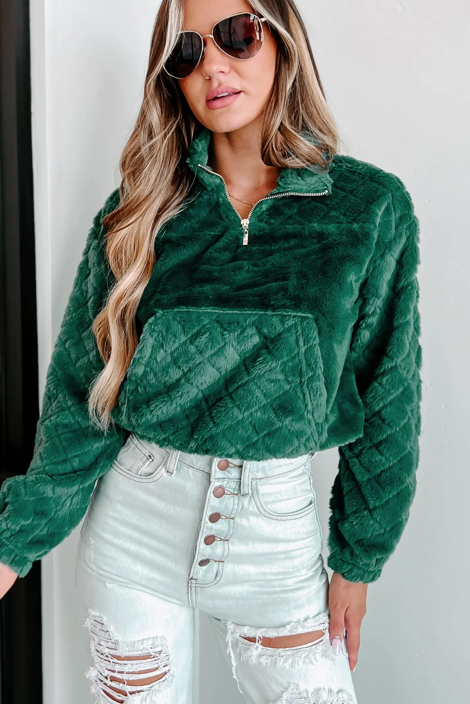 Waiting For Winter Faux Fur Quarter-Zip Pullover (Hunter Green)