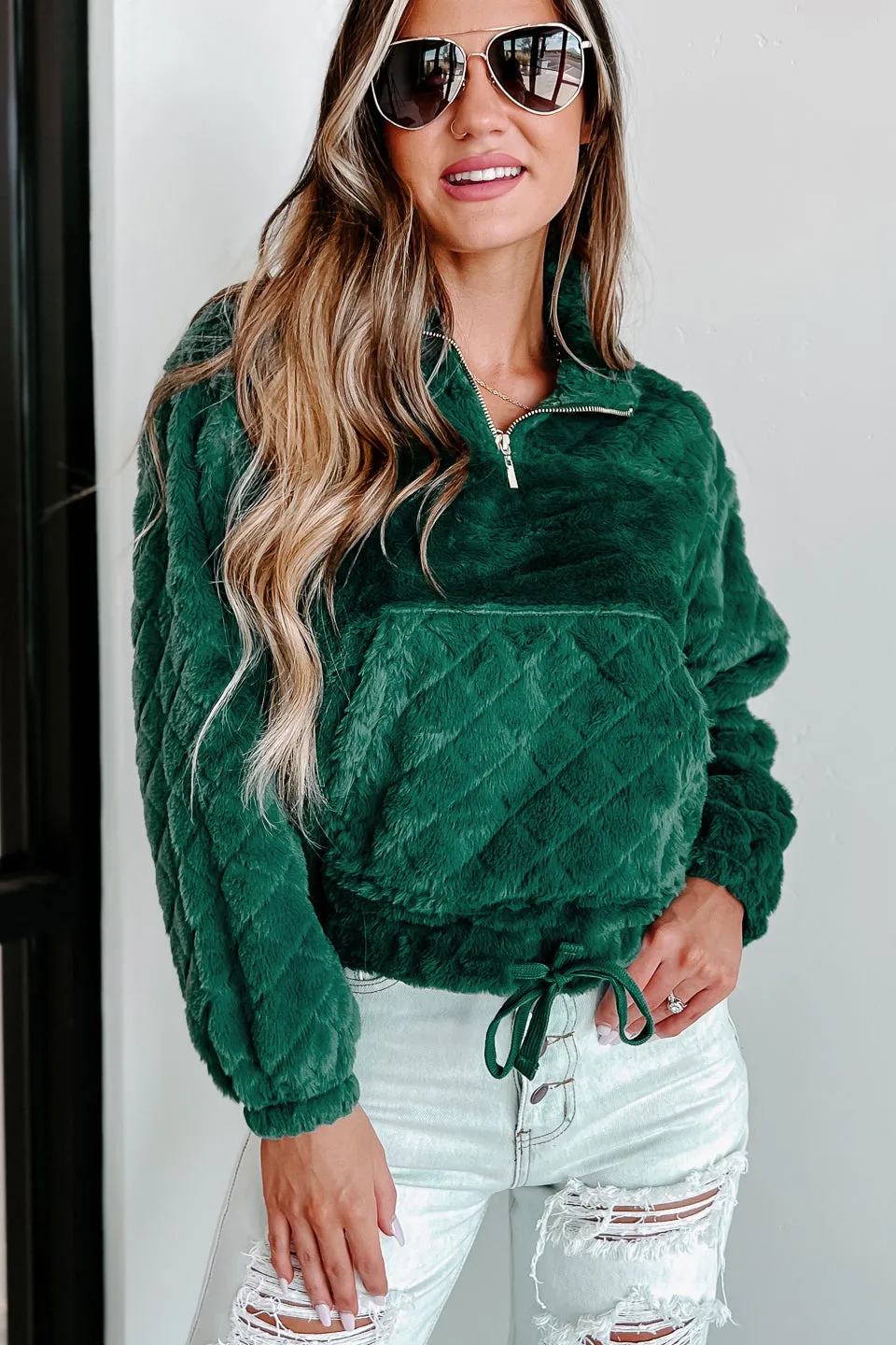 Waiting For Winter Faux Fur Quarter-Zip Pullover (Hunter Green)
